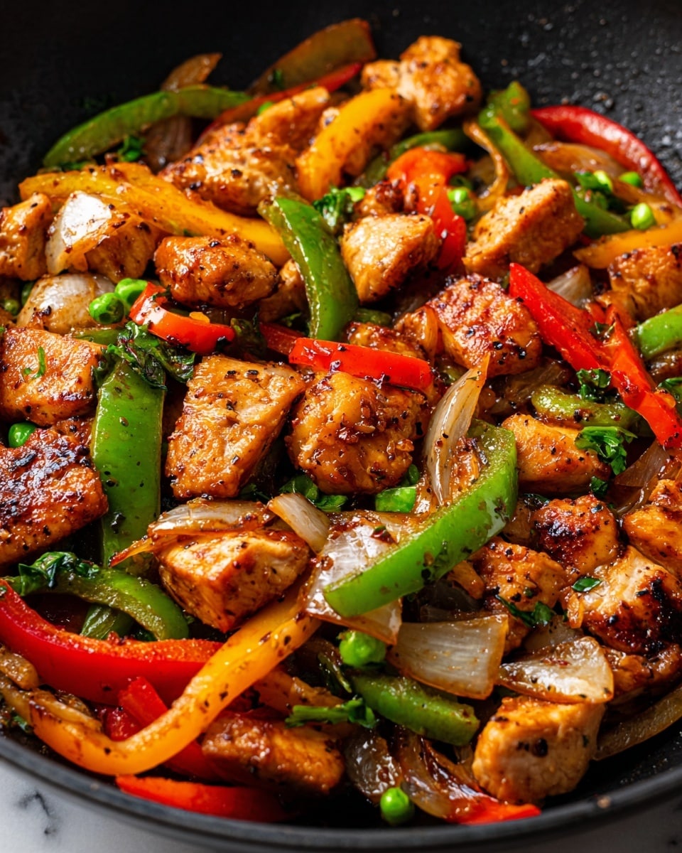 The dish shows a close-up of a cooked stir-fry inside a dark pan, filled with medium-sized pieces of golden brown chicken that have a slightly charred texture. Mixed throughout are colorful, slightly glossy strips of red, green, and yellow bell peppers, and chunks of red and white onions with a light char. Some small green peas and bits of chopped leafy greens are scattered through the stir-fry, adding freshness and color contrast. The dish looks well-seasoned with visible specks of black pepper or seasoning on the chicken and vegetables. All this sits on a white marbled surface. photo taken with an iphone --ar 4:5 --v 7