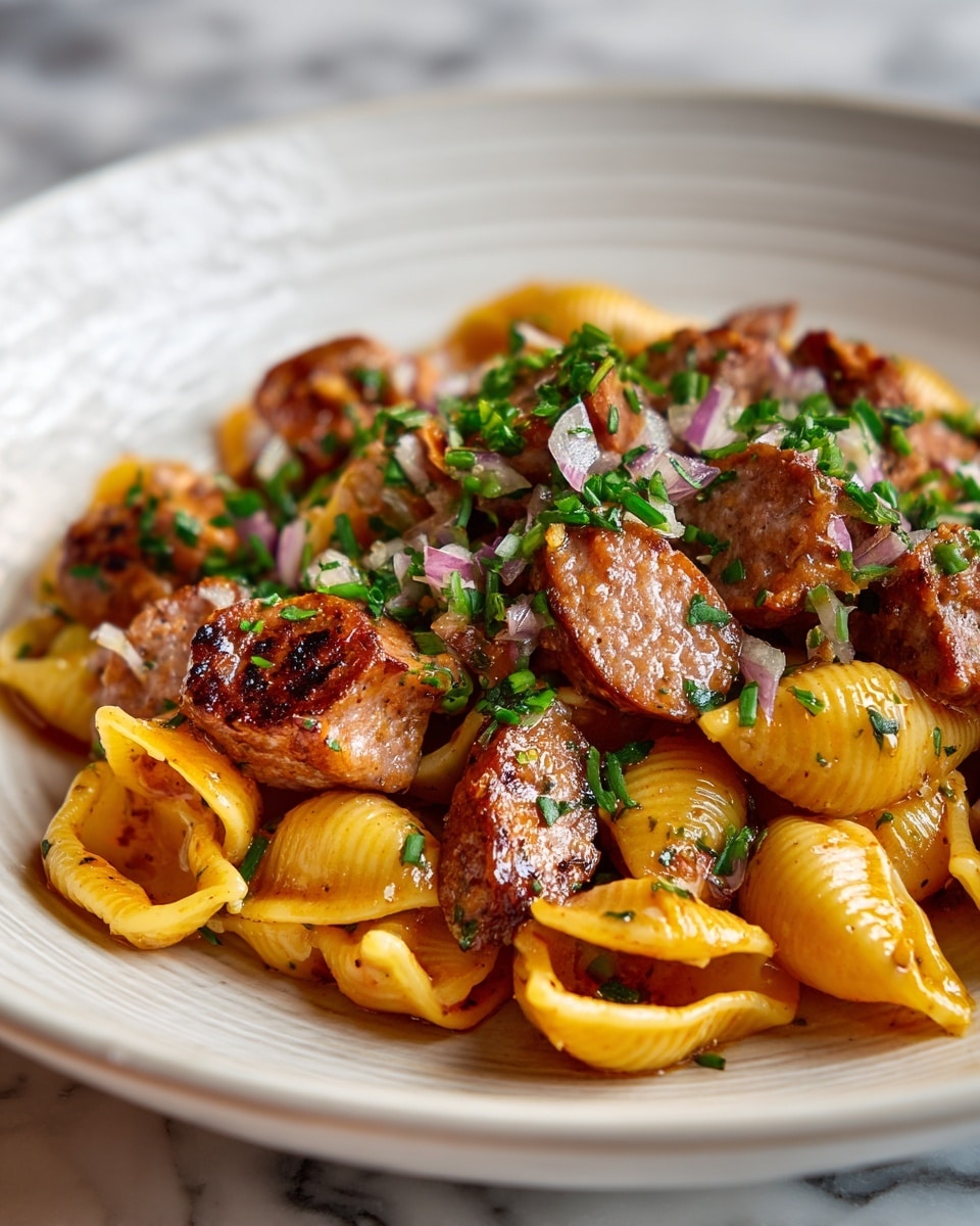 The image shows a close-up of a pasta dish served on a white plate with a white marbled surface in the background. The pasta is shell-shaped, cooked to a glossy yellow-orange color, and layered with thick slices of browned sausage scattered evenly across the top. Finely chopped fresh green herbs and small bits of red onion are sprinkled over the pasta and sausage, adding texture and color contrast. The overall look is warm and hearty, with the glossy pasta and caramelized sausage pieces creating a rich, inviting texture. Photo taken with an iphone --ar 4:5 --v 7