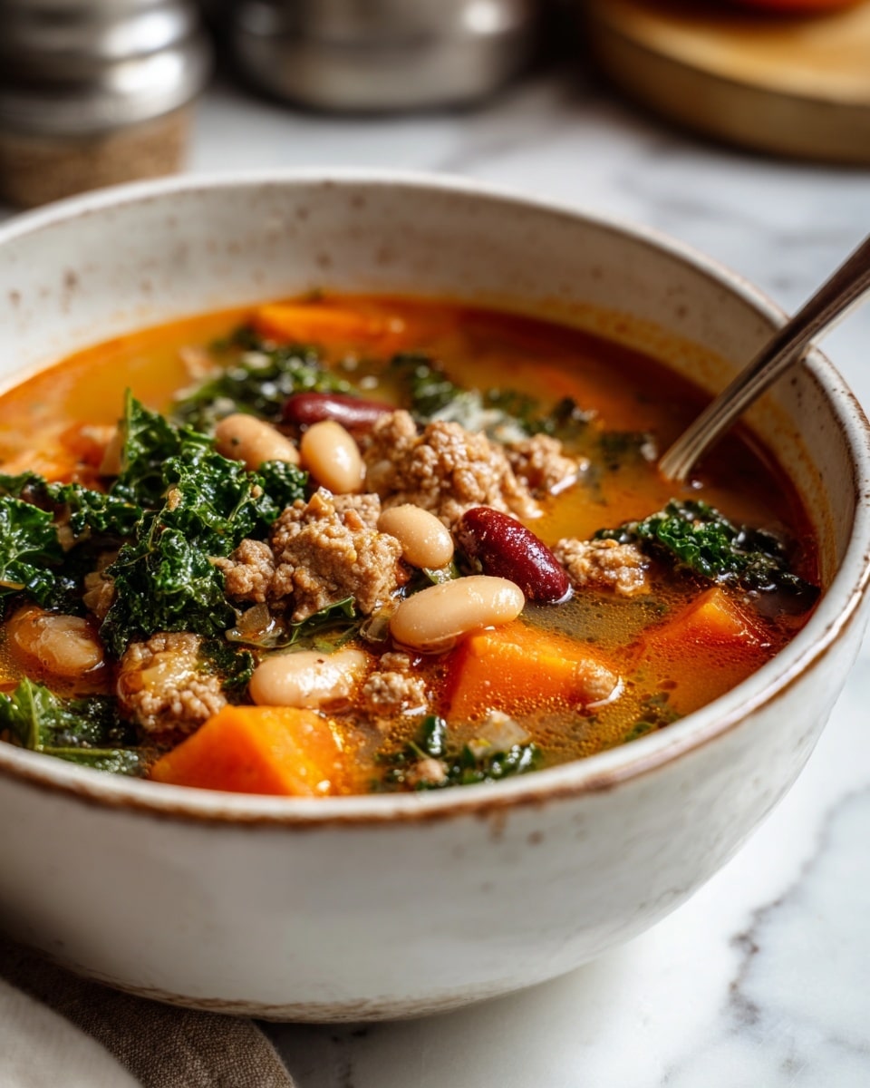 A close-up of a bowl filled with a thick, hearty stew featuring three clear layers: the bottom layer is a rich, orange-red broth with visible chunks of carrots and seasoning; the middle layer has various beans in shades of beige, white, and dark red scattered evenly across the stew; the top layer showcases browned ground meat pieces and bright green chopped kale sprinkled throughout, adding texture and color contrast. The bowl is white with a rustic, slightly rough texture on the edges, sitting on a white marbled surface, with a blurred background hinting at kitchen items. Photo taken with an iphone --ar 4:5 --v 7