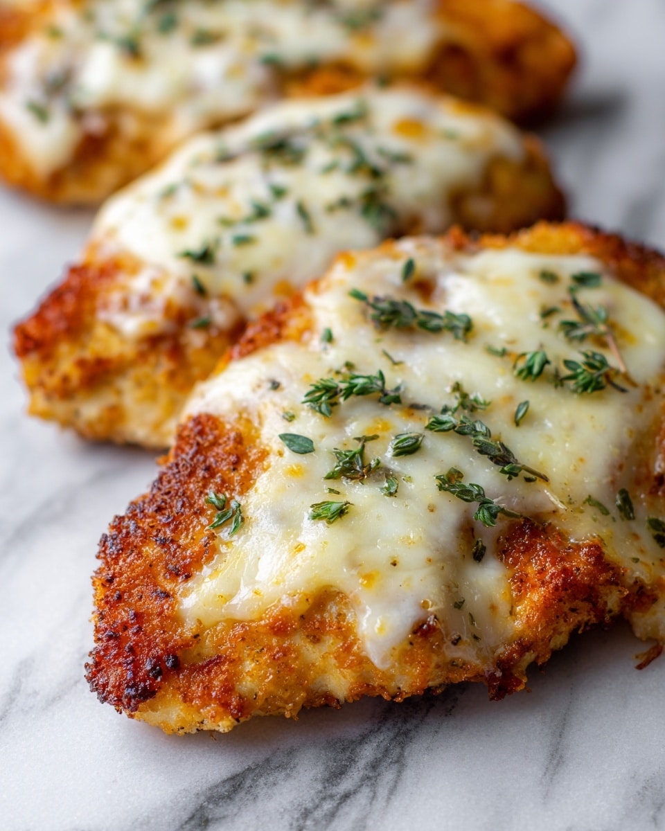 The image shows close-up breaded chicken breasts topped with a layer of melted white cheese that covers most of the chicken surface. Small green herbs are sprinkled on top of the cheese, adding a fresh look. The chicken has a golden-brown, crispy texture beneath the cheese. The background is a white marbled surface. Photo taken with an iphone --ar 4:5 --v 7