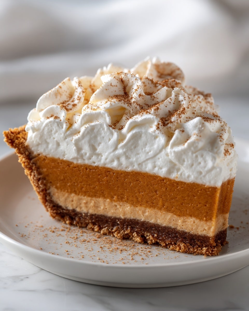 This image shows a slice of pie placed on a white plate. The pie has three layers: a dark brown crust at the bottom, a thick orange layer in the middle that looks smooth and creamy, and a fluffy white topping with swirls and light brown powder sprinkled all over it. The pie slice has a soft texture on top and a firm look in the crust. The background features a white marbled surface with soft light coming from the side. Photo taken with an iphone --ar 4:5 --v 7