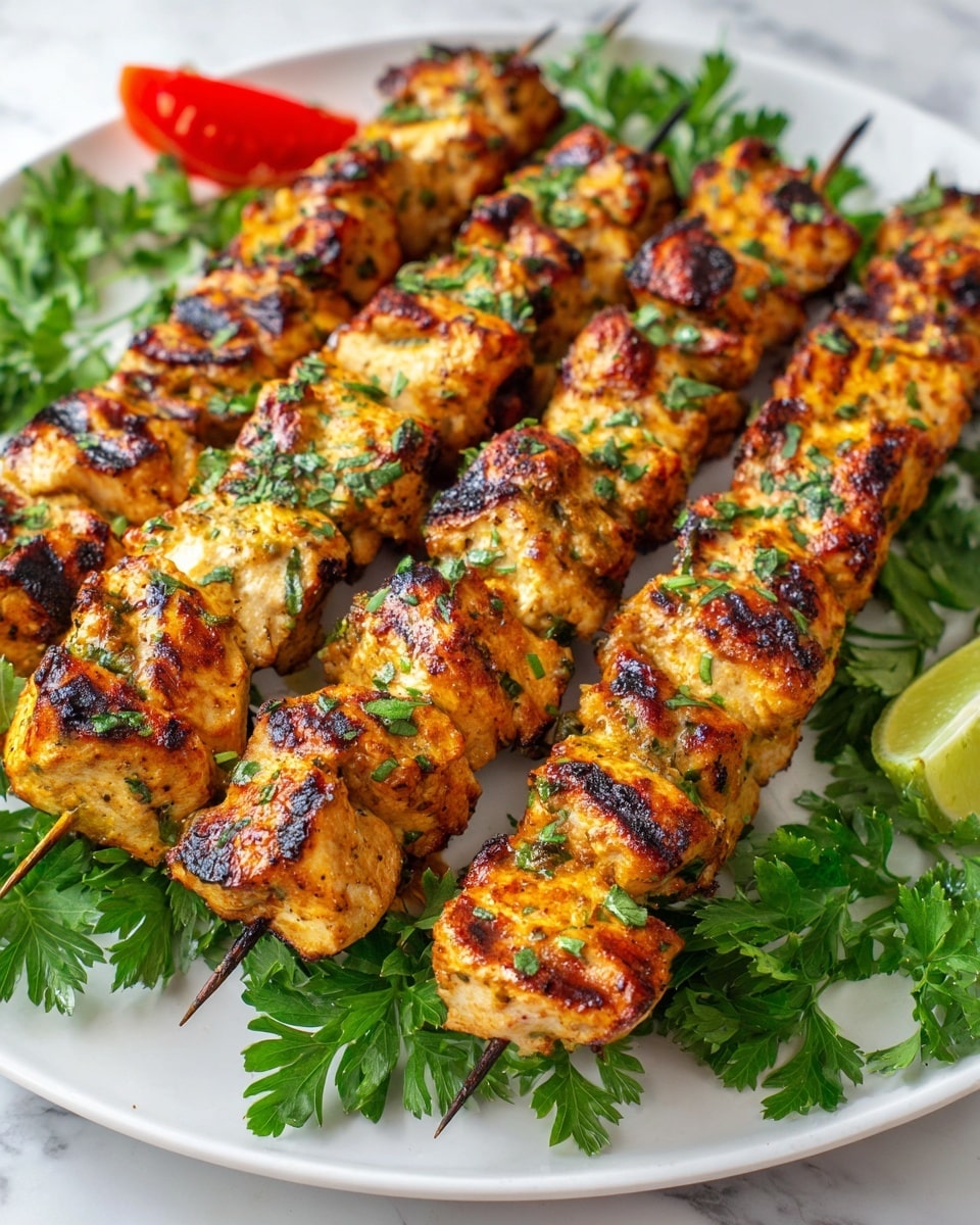 The image shows a white plate filled with grilled chicken skewers. Each skewer has several pieces of golden-brown chicken chunks with charred grill marks and bits of green herbs sprinkled on top. The skewers are arranged in a slightly overlapping way, resting on a bed of fresh green parsley leaves. There is also a small wedge of red tomato and a hint of a lime wedge peeking from the side of the plate. The plate is set on a white marbled surface, giving a clean and fresh look to the scene. Photo taken with an iphone --ar 4:5 --v 7