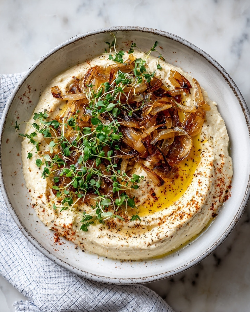 A bowl contains a creamy, off-white hummus base spread evenly in the bottom with a thick, smooth texture. On top, there is a pool of golden olive oil glistening in the center, surrounded by caramelized onions that are translucent and amber-brown with a slightly shiny surface, arranged mostly on one side. Fresh, small green herb sprigs are scattered over the onions and oil, adding a bright green contrast. Crushed black pepper and reddish paprika powder are sprinkled lightly around the edges and on the hummus, giving subtle specks of black and red on the creamy background. The bowl is ceramic and white with a rustic grayish border, sitting on a white marbled surface with a small white and blue checked cloth nearby. Photo taken with an iphone --ar 4:5 --v 7