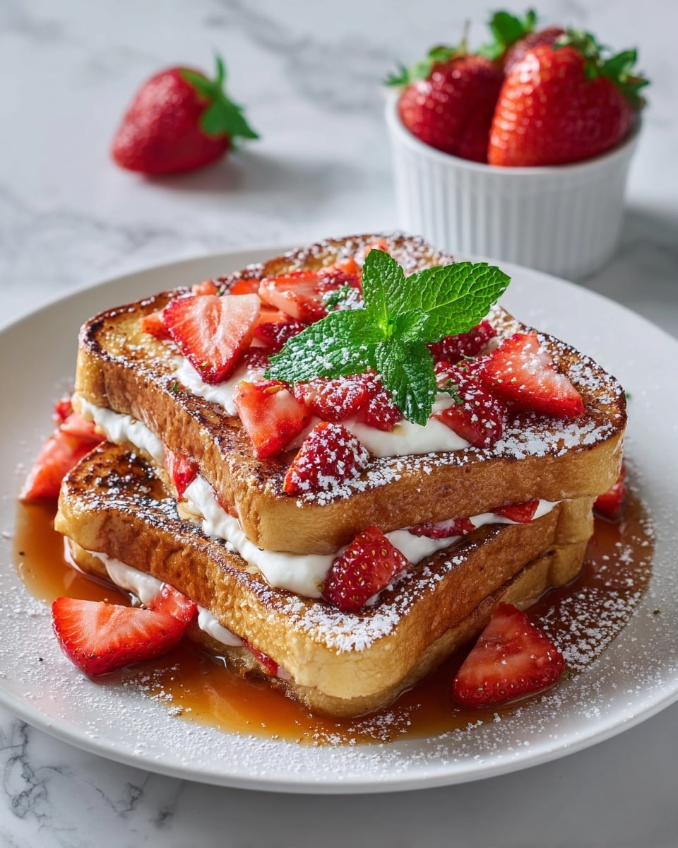 The image shows two thick slices of golden-brown French toast placed side by side on a white plate. The toast is topped with a layer of white cream, sprinkled with bright red sliced strawberries scattered unevenly, and a light dusting of powdered sugar covering the surface. A fresh green mint leaf sits in the center for decoration. Around the toast on the plate are more strawberry slices, and syrup pools underneath, giving a glossy look. In the background, a small white bowl filled with whole and halved strawberries is visible. The dish is set on a white marbled surface. Photo taken with an iphone --ar 4:5 --v 7