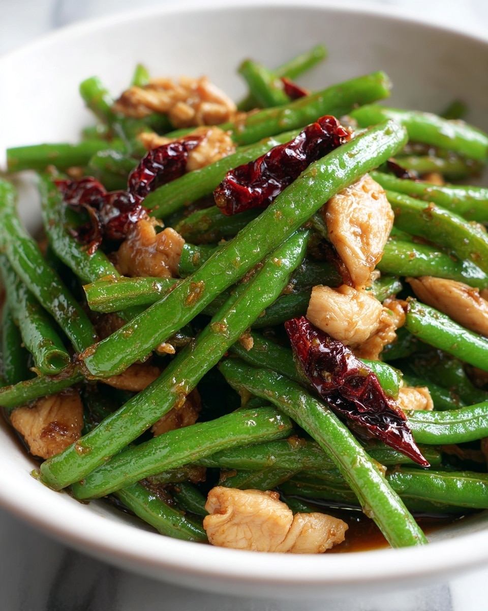 The dish consists of bright green long beans mixed with small pieces of light brown cooked chicken. There are a few dark red dried chili peppers scattered throughout. The green beans look tender and glossy with a slight shine from the sauce, while the chicken pieces have a slightly crispy texture on the edges. The sauce coating the ingredients is a rich brown color and seems thick and flavorful. The dish is presented in a close-up view that shows the texture and colors clearly on a white marbled background. photo taken with an iphone --ar 4:5 --v 7