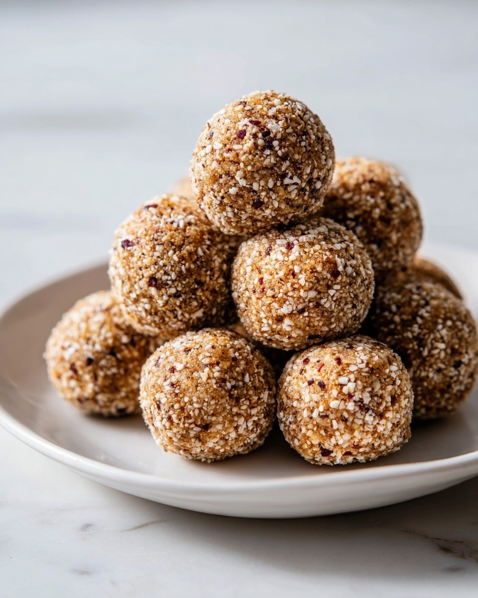 A close-up image of seven round balls stacked in a small pile on a white plate, placed on a white marbled surface. Each ball has a rough, textured surface with small visible bits — most are orange-brown with dark specks, while one ball in the middle is covered with white oat flakes, making it stand out. The balls have a slightly shiny, moist look, showing they might be soft or sticky. Photo taken with an iphone --ar 4:5 --v 7