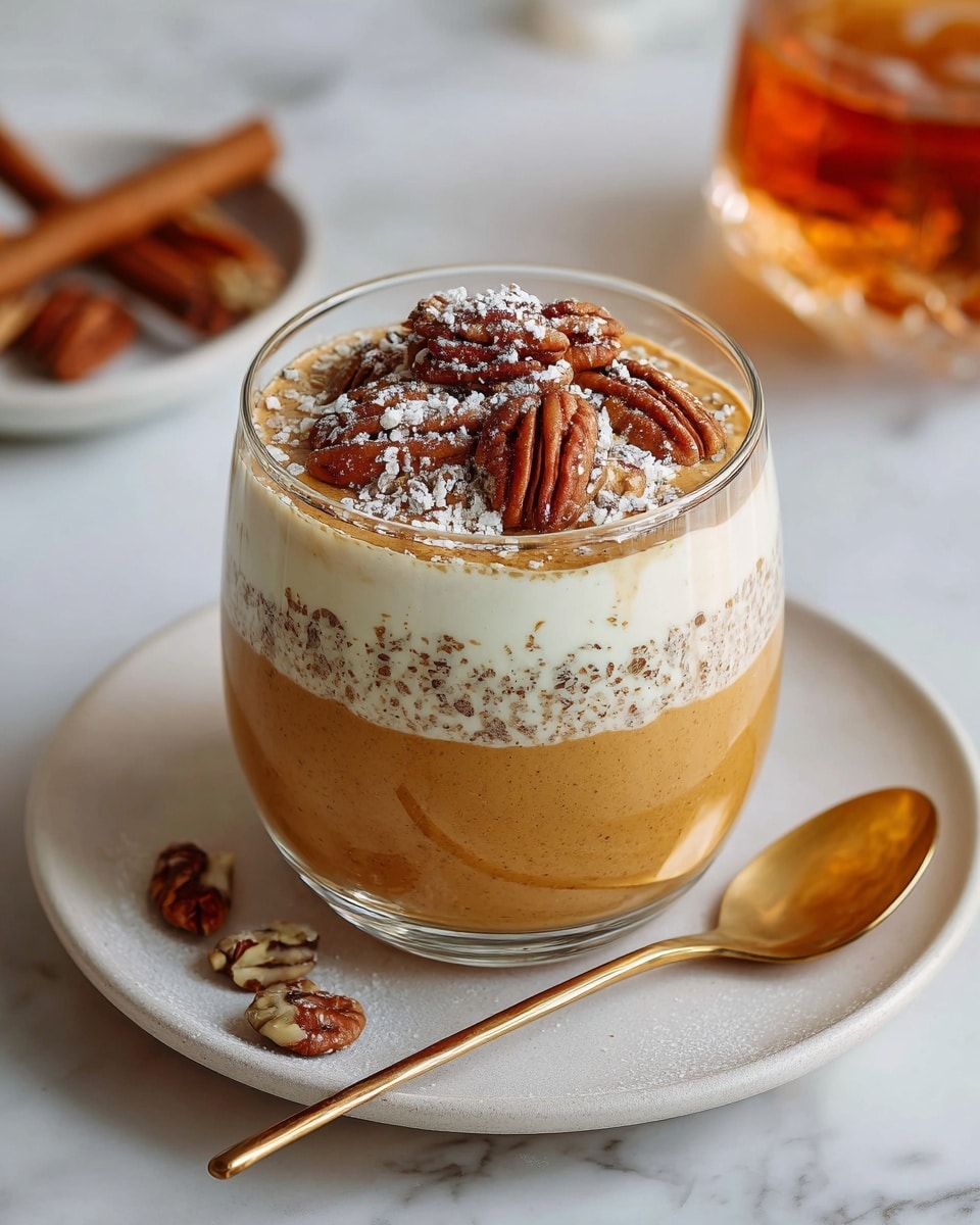 A clear glass cup filled with three visible layers: at the bottom, a smooth light brown pumpkin mixture; in the middle, a thick creamy white layer; topped with whole pecans and a sprinkle of white powder. The cup sits on a white plate with a shiny golden spoon next to it, all placed on a white marbled surface. In the background, a blurry cinnamon stick and a glass with amber liquid are visible. Photo taken with an iphone --ar 4:5 --v 7