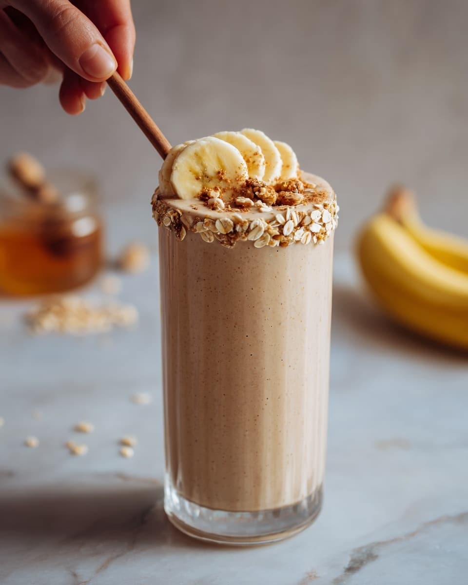 A tall clear glass filled with a creamy light brown smoothie topped with three round slices of banana placed in the center, sprinkled with small brown nut or spice bits, surrounded by scattered oats and crushed nuts on top. A yellow banana and a jar of honey are visible blurred in the white marbled background. A woman's hand holds the glass from the left side. Photo taken with an iphone --ar 4:5 --v 7