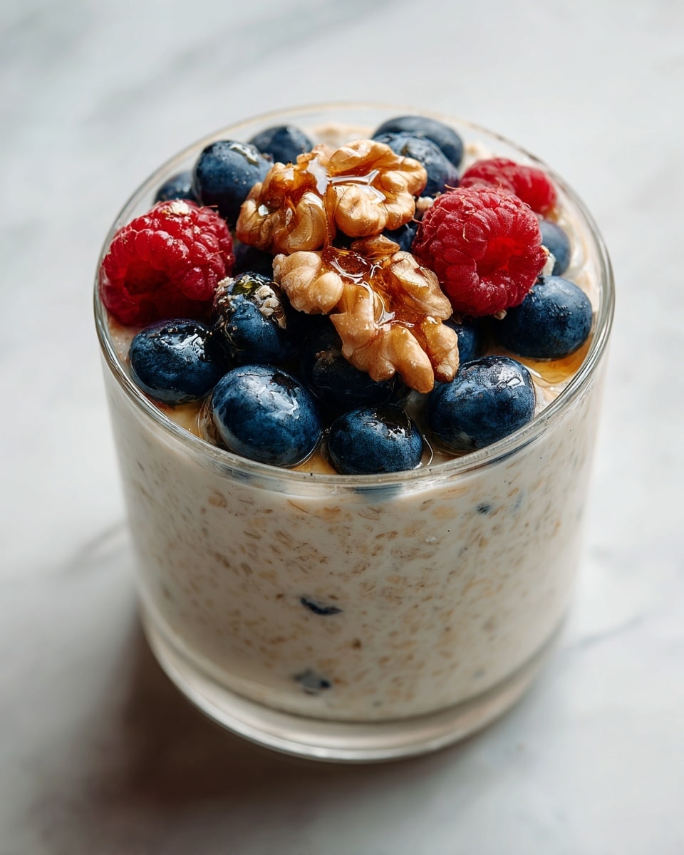 The image shows a clear glass filled with a thick creamy mixture that looks like oatmeal or yogurt with oats mixed in. On top, there is a layer of fresh blueberries and a few raspberries scattered around. At the very center of the topping, a few large walnuts rest, drizzled with a small amount of shiny honey that creates a glossy contrast. The container sits on a white marbled surface. The texture of the creamy base is smooth with bits of oats visible, and the berries add rich blue and red colors with a fresh, soft look. photo taken with an iphone --ar 4:5 --v 7
