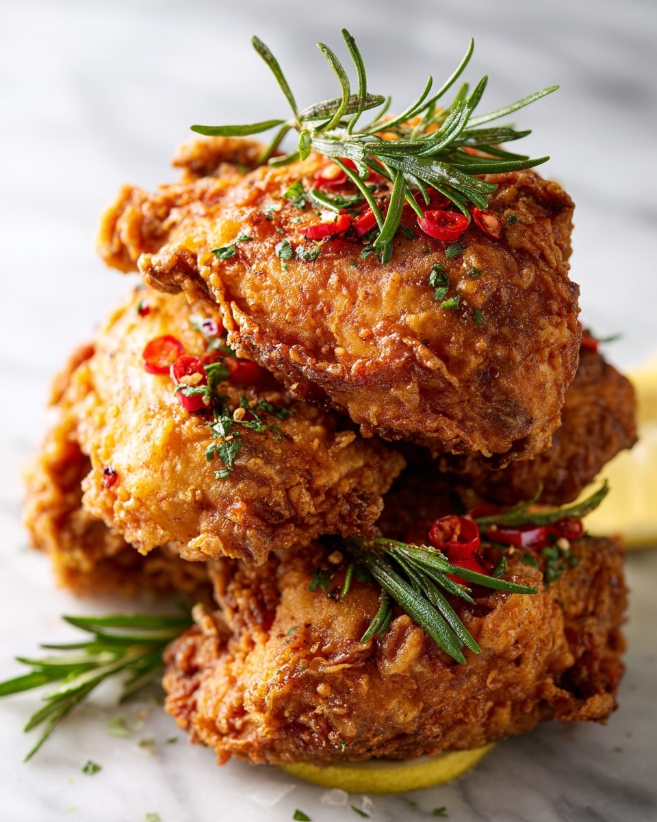 A close-up image of a stack of three crispy, golden-brown fried chicken pieces with a crunchy texture, visible herbs, and small red chili flakes sprinkled on top, garnished with fresh rosemary sprigs. The stack rests on thin lemon slices, and the whole scene is set against a white marbled surface, highlighting the rich colors and textures of the chicken. Photo taken with an iphone --ar 4:5 --v 7