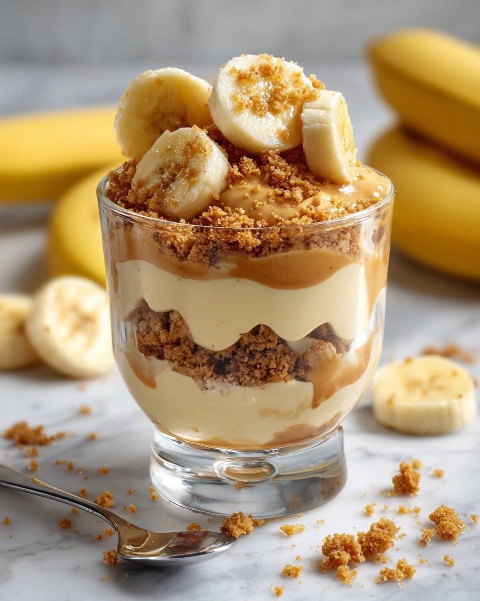 A clear glass cup holds a three-layer dessert. The bottom layer is made of crumbly, light brown bits pressed down. The middle layer is creamy and beige, slightly dripping over the crumbly base. The top layer is covered with more light brown crumbs, scattered across the surface with thick slices of fresh yellow banana placed on top. The cup sits on a white marbled surface, with some crumbs and banana slices scattered around, and a silver spoon nearby. In the background, there are some whole bananas, slightly blurred. photo taken with an iphone --ar 4:5 --v 7