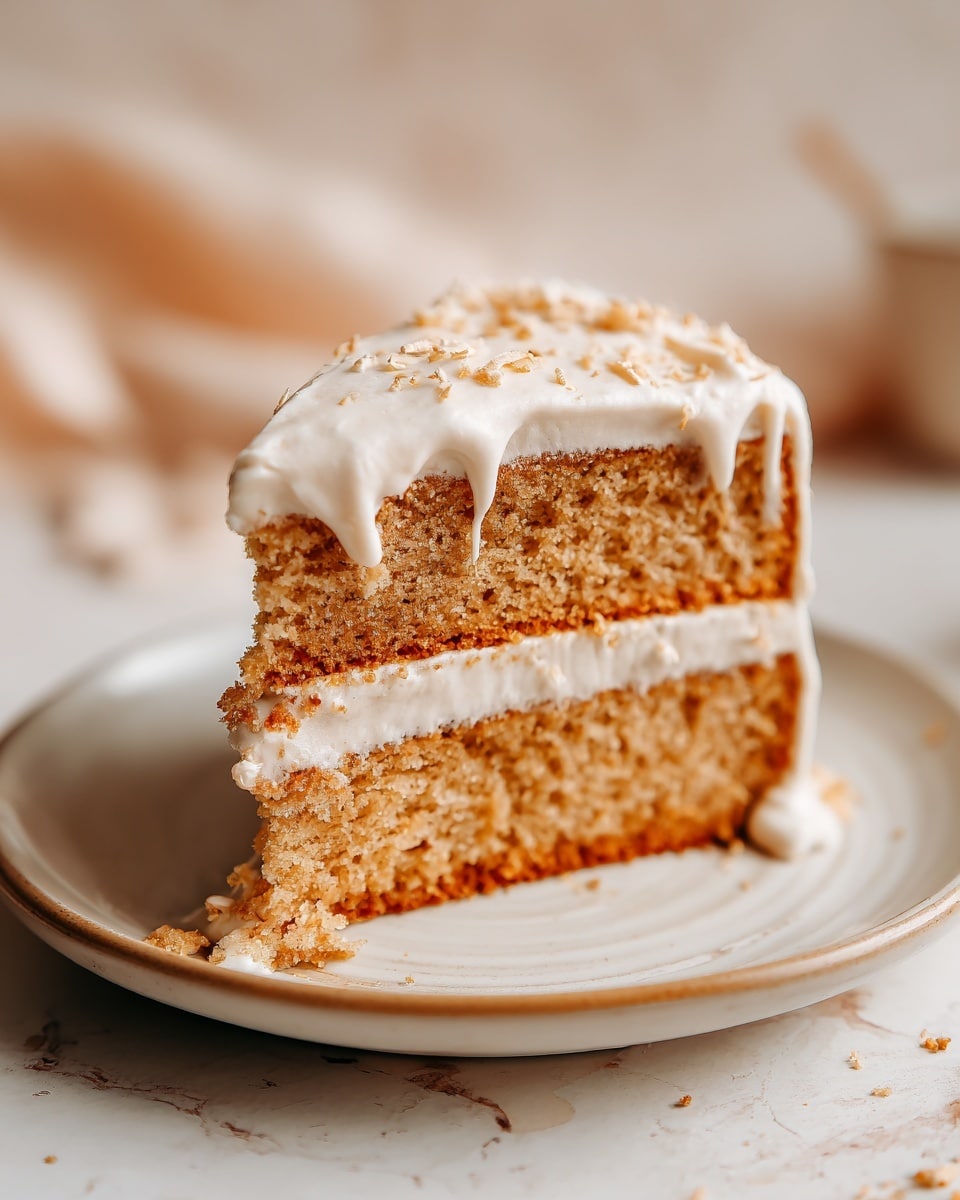 A close-up of a two-layer light brown cake slice on a white plate. The cake layers look soft and crumbly, with thick creamy white frosting spread smoothly between and on top of the layers. The top is sprinkled with small, pale flakes that add texture. The frosting slightly drips down the sides of the cake, and a few crumbs lay on the plate. The background has a soft focus with warm, neutral tones and a white marbled texture under the plate. photo taken with an iphone --ar 4:5 --v 7