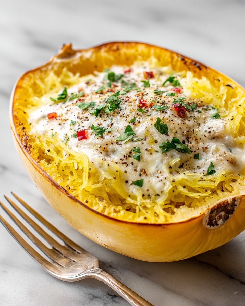 The image shows a half spaghetti squash with three distinct layers. The bottom layer is the hollowed-out yellow shell of the squash, thick and smooth. Inside, the middle layer consists of yellow, stringy spaghetti squash strands, slightly fibrous and filling the shell. On top of this, the third layer is a creamy, white sauce with small red pieces and a slightly browned surface, garnished with chopped green herbs and sprinkled with black pepper. The dish rests on a white marbled texture, with a fork placed beside it. Photo taken with an iphone --ar 4:5 --v 7