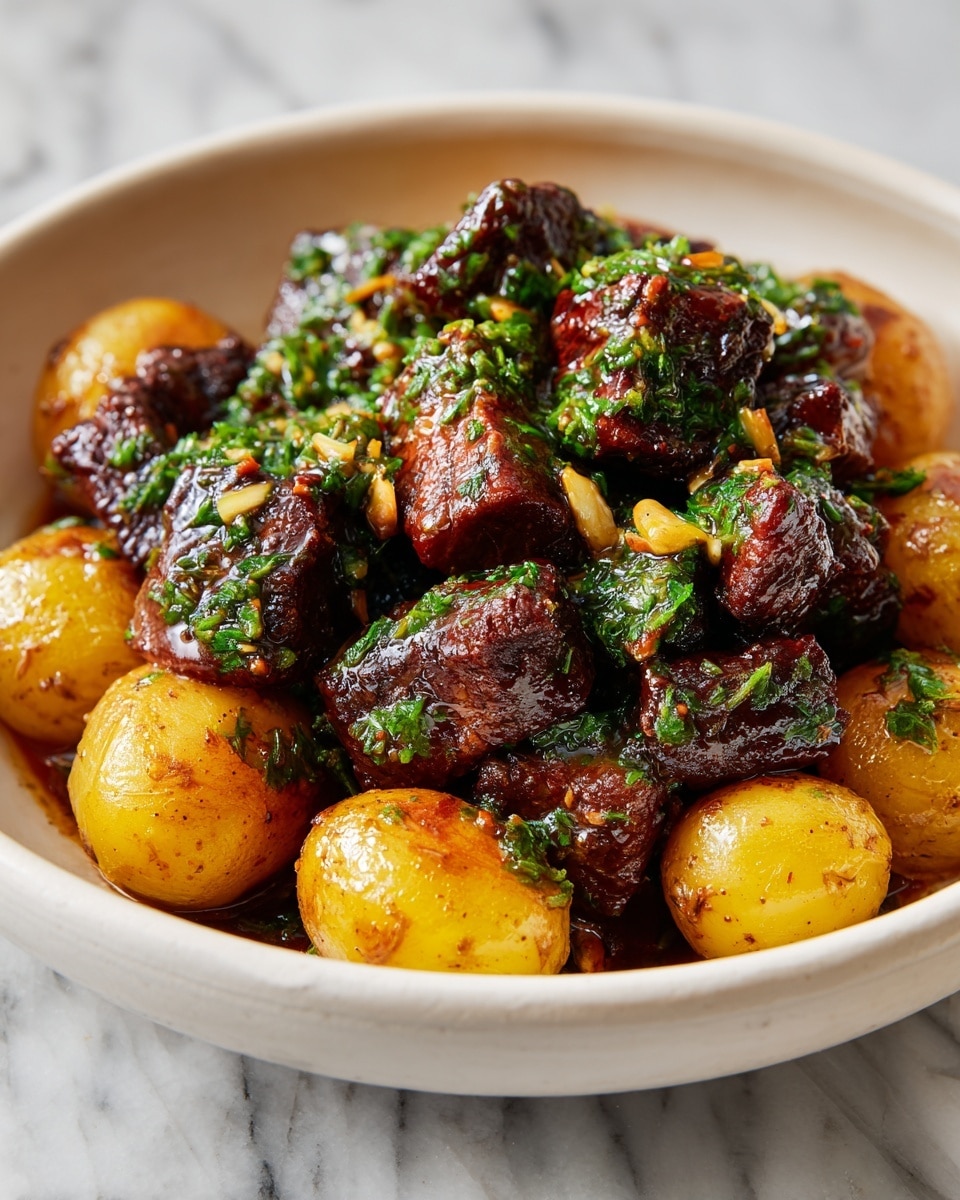 The image shows a close-up of a dish with two main layers: the bottom layer has whole, small round potatoes with a yellowish-golden color and a slightly shiny, oily texture, scattered evenly across the dish. The top layer consists of bite-sized chunks of dark brown cooked meat, richly glazed with small bits of green herbs and garlic sprinkled over both meat and potatoes. The food is served in a round white bowl, sitting on a white marbled surface. photo taken with an iphone --ar 4:5 --v 7