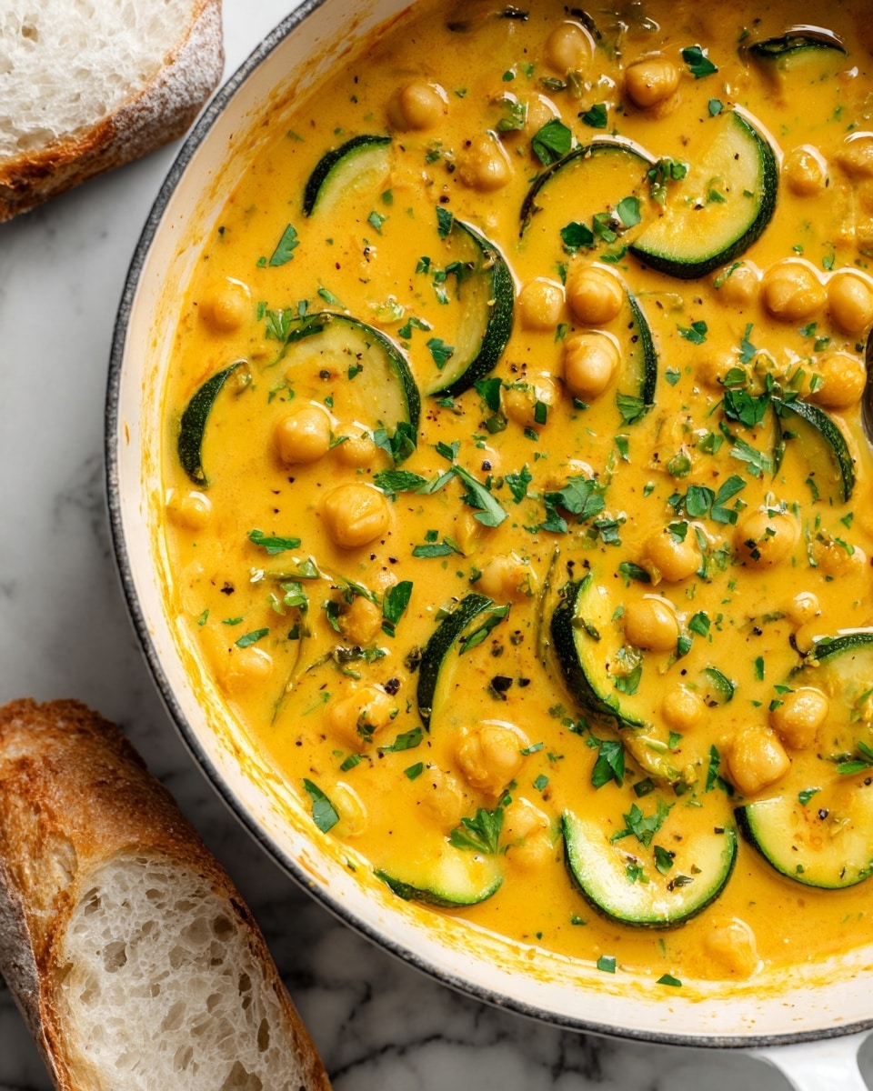 A close-up view of a white pan filled with a creamy, yellowish-orange curry with chickpeas and sliced green zucchini. The curry looks thick and smooth, topped with small, fresh green parsley leaves scattered evenly over the surface. In the corner of the image, there is a piece of light brown crusty bread placed on a white marbled surface next to the pan. The background remains simple with the white marbled texture visible. Photo taken with an iphone --ar 4:5 --v 7