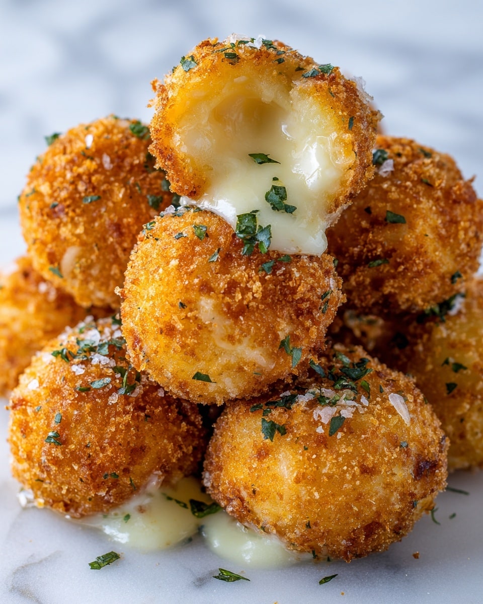 A close-up view of a small pile of golden-brown, crispy fried balls stacked on top of each other, some with melted cheese oozing out from the center. Each ball has a crunchy textured coating with small green herb pieces sprinkled all over. The balls are set against a white marbled background, highlighting their warm, crunchy surface and soft creamy inside. Photo taken with an iphone --ar 4:5 --v 7