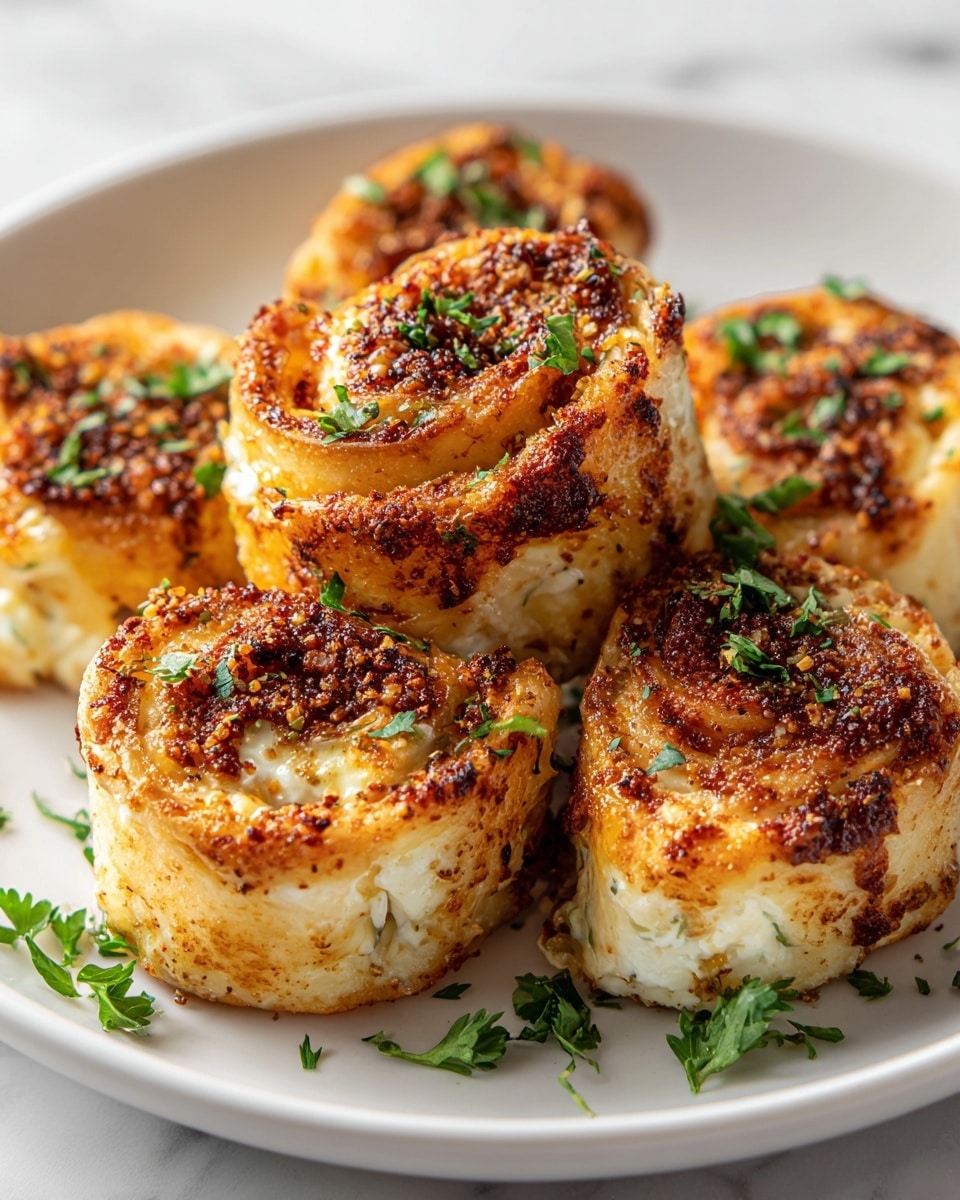 The image shows a close-up of six golden-brown rolled pastries arranged on a white plate on a white marbled surface. Each roll is filled with a creamy white cheese mixed with green herbs, visible as small green specks inside. The tops of the rolls are sprinkled with brown and red spices, adding texture and color contrast. A few fresh green herbs are placed on top and around the rolls for garnish. The photo captures the warm, crispy texture of the pastry and the smooth, soft cheese inside. Photo taken with an iphone --ar 4:5 --v 7