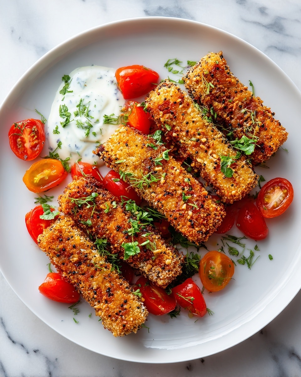 The image shows a white plate filled with several golden-brown, crispy fried chicken strips stacked in layers. Each strip is thick and covered with crunchy, textured breading with some green herbs sprinkled on top. Around the chicken strips, there are bright red, juicy cherry tomato halves adding a pop of color. A smooth, creamy white sauce with green herb bits is drizzled and dolloped over some of the chicken pieces. The whole dish sits on a white marbled surface, making the colors of the food stand out vividly. Photo taken with an iphone --ar 4:5 --v 7