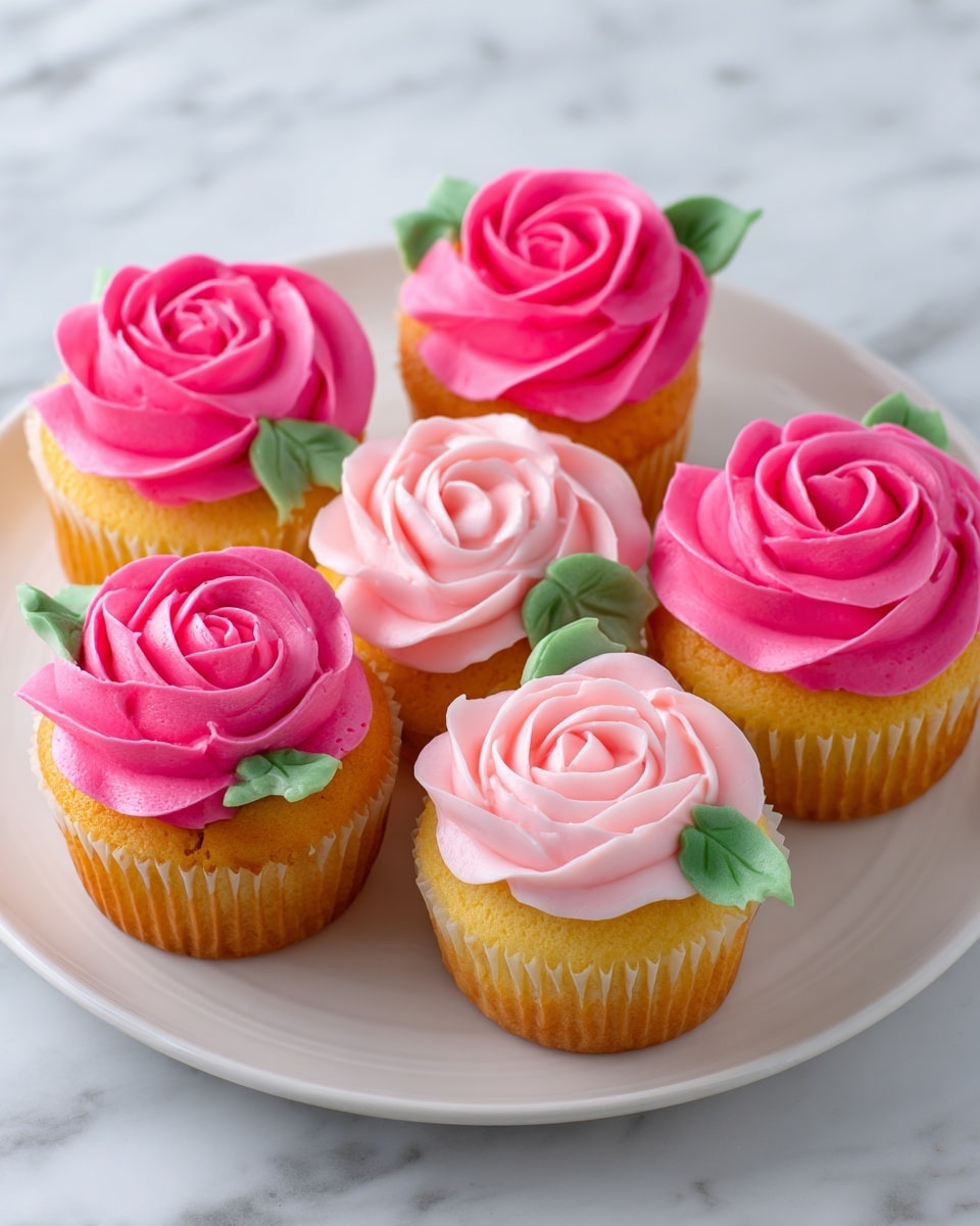 A round white cake stand holds seven cupcakes arranged in a circle, each topped with a swirl of rose-shaped frosting. There are two different shades of frosting: a deeper pink for five cupcakes and a lighter pink for two cupcakes, all crafted with smooth, delicate petals that look like real roses. Small green leaves made of frosting are placed next to the rose swirls on each cupcake. The vanilla cupcake bases show just beneath the frosting, with a soft golden brown color. The background is a white marbled surface. photo taken with an iphone --ar 4:5 --v 7