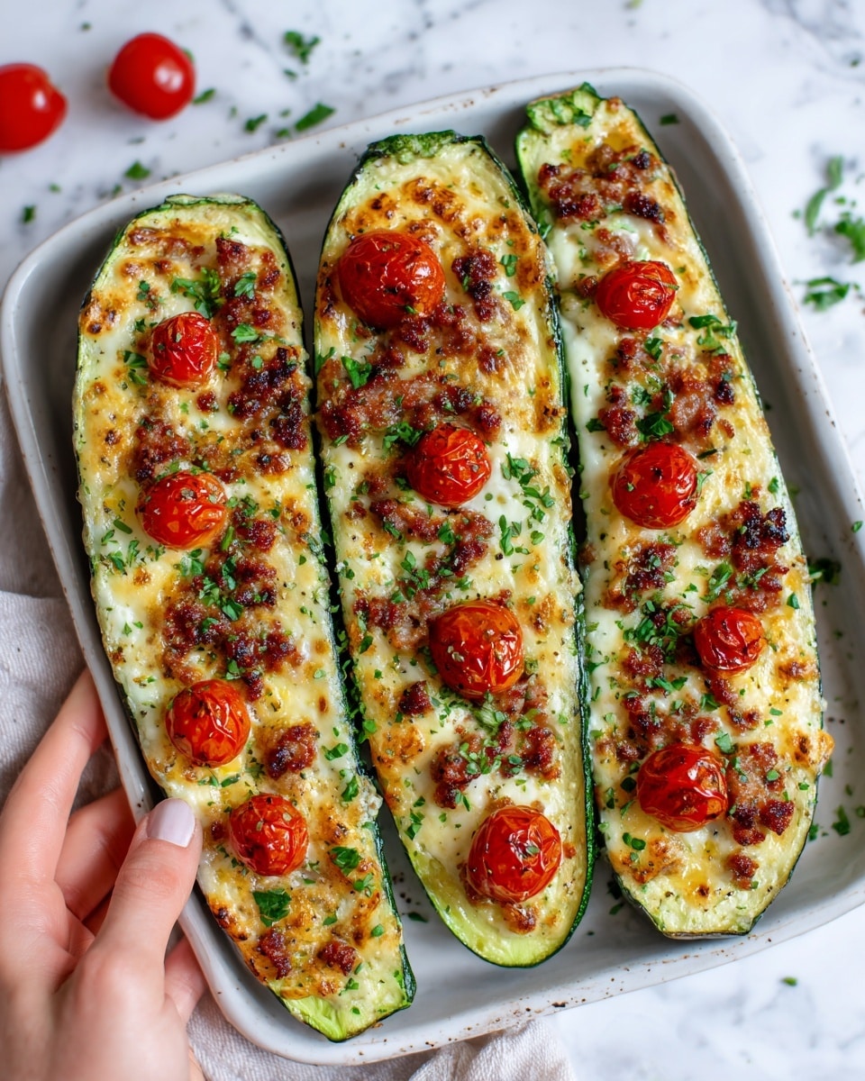 The image shows two halves of roasted zucchini filled with a layered topping. The bottom layer inside the zucchini is light green and soft zucchini flesh. On top of that is a layer of melted cheese that is golden brown and bubbly with some browned spots. Scattered throughout the cheese are small pieces of cooked sausage that are dark brown and slightly crispy. Cherry tomato halves, bright red and slightly roasted, sit on top as the final layer. Fresh green herbs are sprinkled over everything, adding a fresh look. The zucchini halves rest on a white marbled surface. Photo taken with an iphone --ar 4:5 --v 7