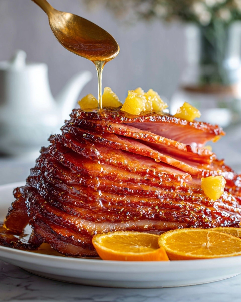 A golden-brown sliced ham with about ten visible layers, each layer showing a shiny glazed texture with caramelized edges. Small yellow pineapple chunks are scattered over the ham, adding a slightly rough texture. An orange slice with a glossy surface is placed at the front bottom on a white ceramic dish. A silver spoon drizzles a clear, sticky syrup over the ham, capturing light reflections. The background features a blurred appliance, with the whole scene set on a white marbled texture. Photo taken with an iphone --ar 4:5 --v 7