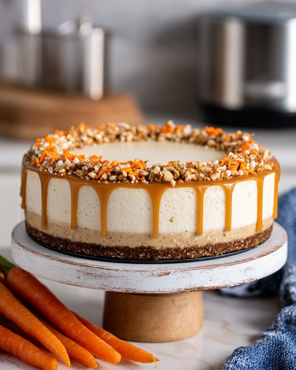 A three-layer round cake sits on a white rustic stand with caramel sauce drizzled around the base. The bottom layer is dense and brown, likely a spiced or carrot cake base. The middle layer is thick, creamy, and light beige, resembling cheesecake. The top layer is white frosting, smooth and thick, decorated with a ring of chopped nuts and orange sprinkles around the edge. Caramel sauce is drizzled in diagonal lines across the center, with a little dripping down the sides. The background shows carrots and a blue cloth, all set on a white marbled surface. photo taken with an iphone --ar 4:5 --v 7