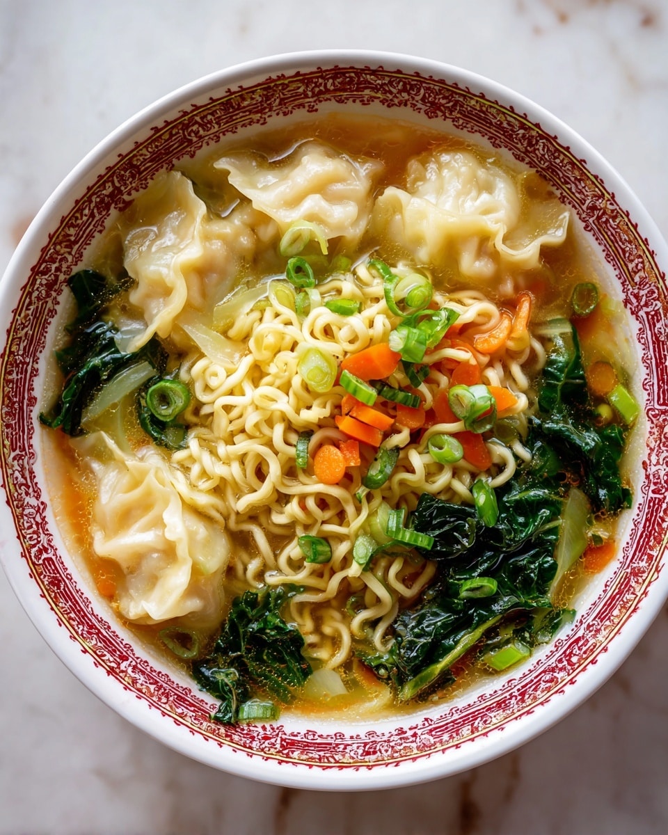 A white plate with colorful and detailed decorative patterns is filled with a soup dish consisting of seven soft, plump dumplings arranged around the edge. Inside and mixed with the dumplings are light yellow curly noodles in the center with a slightly shiny texture. Bright orange carrot slices are scattered among the dumplings and noodles, along with dark green leafy vegetables adding contrast. Chopped light green cabbage and green onion pieces are spread throughout the bowl, with a light brown broth filling the spaces. Small white sesame seeds are sprinkled on the dumplings. The plate sits on a white marbled surface. photo taken with an iphone --ar 4:5 --v 7