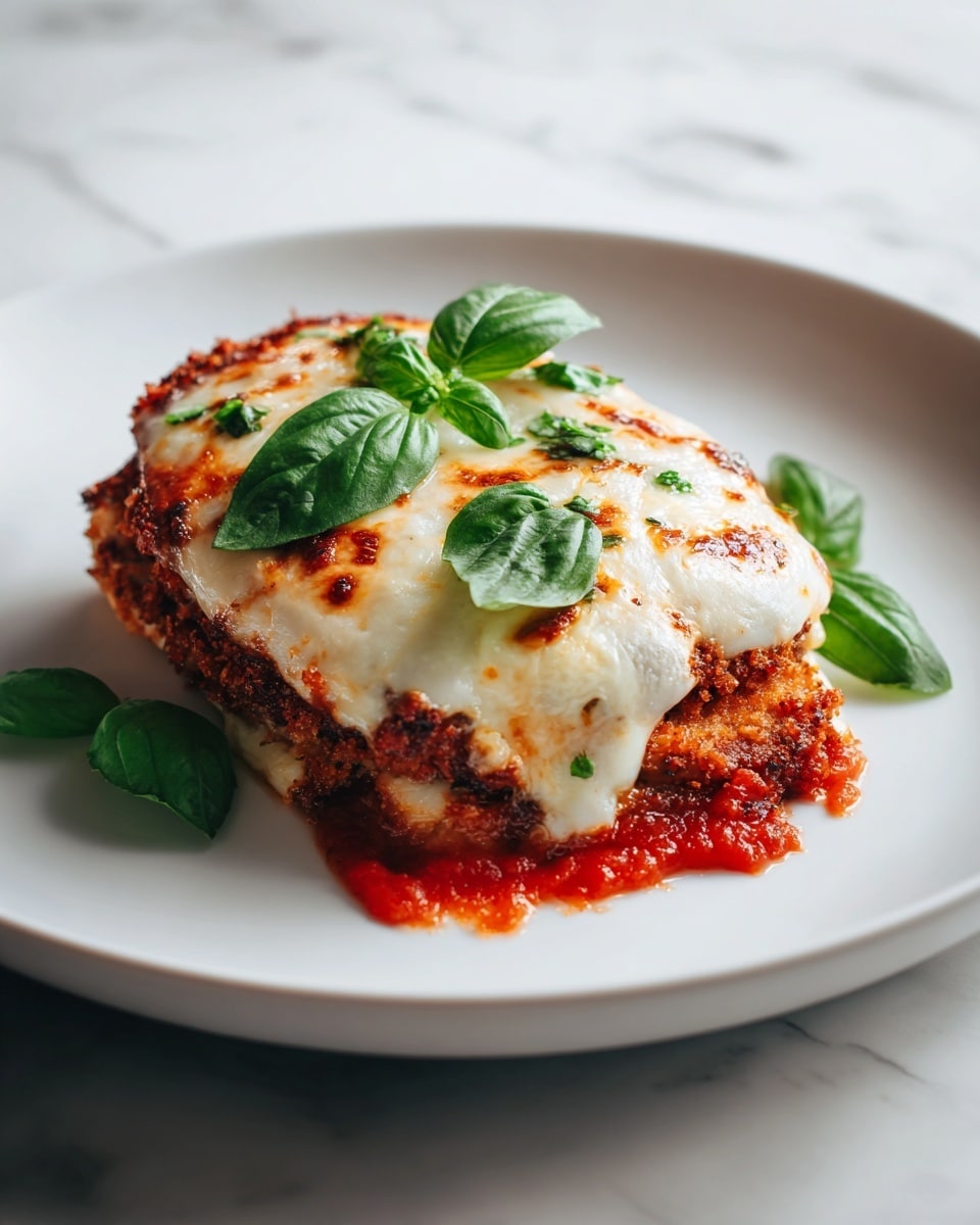 The dish is served in a white shallow bowl on a white marbled surface. It has three main layers: the bottom layer is crispy and golden brown, likely fried chicken, covered evenly with a thick red tomato sauce as the second layer. The third layer is melted white cheese with some browned spots, slightly dripping on the sides. On top, there are several fresh green basil leaves placed in the center, adding a fresh and vibrant touch. The overall look is rich and inviting, with contrasting colors and textures. photo taken with an iphone --ar 4:5 --v 7