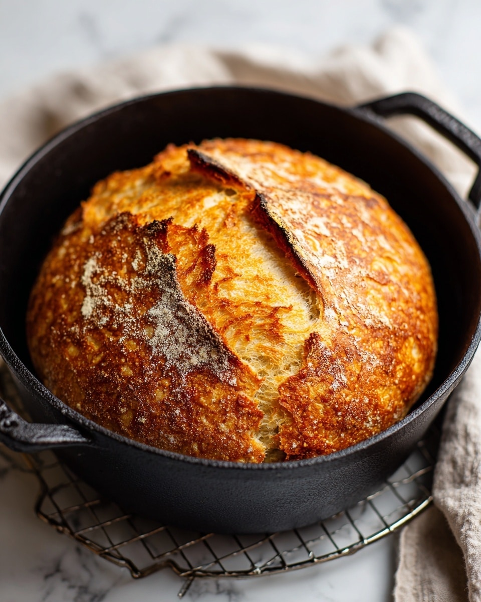 A round loaf of bread with a golden brown, crispy crust is inside a black cast iron pot with two handles. The bread has a large crack in the middle showing a soft, fluffy inner texture with a light beige color. The pot is placed on a silver wire rack, which sits on a white marbled surface. photo taken with an iphone --ar 4:5 --v 7
