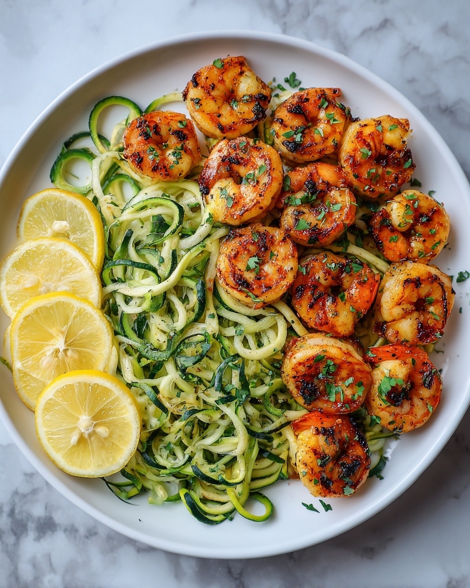 The image shows a white plate on a white marbled surface holding a dish with two main layers. The bottom layer is made of spiral-shaped zucchini noodles, green with a smooth and fresh texture, arranged evenly across the plate. On top of the zucchini is the second layer of grilled shrimp, nine pieces, golden-orange with a slightly charred look and small green herb pieces sprinkled over them. To the side of the shrimp and zucchini are three thin lemon slices with bright yellow skin and translucent flesh, adding a fresh color contrast. Small green herb leaves are scattered on the plate and around the dish for garnish. photo taken with an iphone --ar 4:5 --v 7