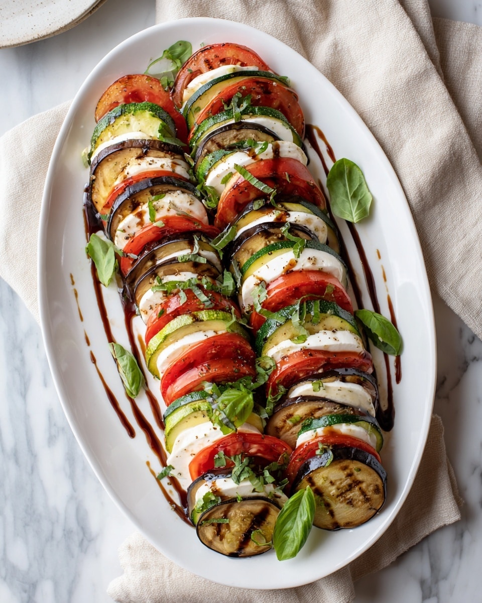 A long white plate holds a neat row of stacked slices arranged vertically in alternating layers: dark green grilled zucchini, dark brown grilled eggplant with shiny char marks, bright red fresh tomato, and creamy white fresh mozzarella cheese. The grilled vegetables show clear grill lines and a slightly glossy texture, while the mozzarella is soft and smooth. Fresh green basil leaves are placed on top and between the stacks, and a dark balsamic glaze is drizzled over everything, adding shine and contrast. The plate sits on a white marbled surface with a lightly textured white cloth napkin visible to the right. photo taken with an iphone --ar 4:5 --v 7
