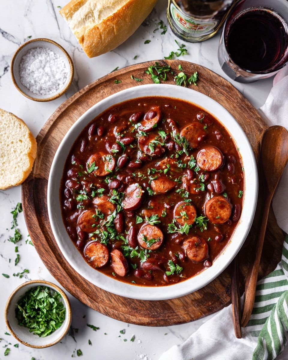 A white bowl filled with baked beans in a thick red sauce, topped with several slices of browned sausage arranged evenly on top. The beans are soft and shiny, covered in a rich, glossy sauce with small bits of herbs scattered. The bowl sits on a beige cloth napkin, placed on a round wooden board with a slice of browned bread resting nearby. In the background, there is a glass of dark amber liquid and small wooden bowls with coarse salt and pepper on a white marbled surface. Photo taken with an iphone --ar 4:5 --v 7