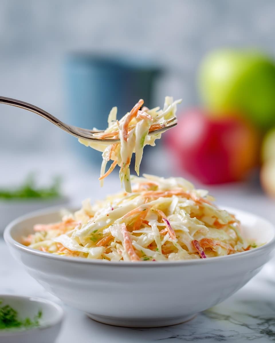 A close-up of a white bowl filled with creamy coleslaw, showing shredded white cabbage and thin orange carrot strips mixed together. A fork, held by a woman's hand, lifts a small portion of the coleslaw above the bowl. In the background, there is a slightly blurred white marbled surface with a green apple, a red apple, and a blue cup, adding soft color. A small white bowl with green herbs sits nearby, slightly out of focus. The scene is bright and fresh, highlighting the textures and colors of the coleslaw and the surrounding items. photo taken with an iphone --ar 4:5 --v 7