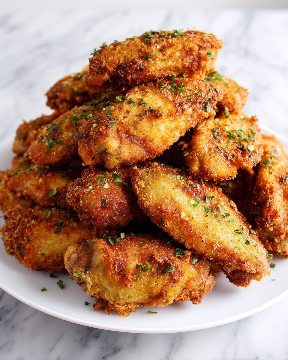 A white plate holds a pile of golden brown crispy fried chicken wings. Each wing is covered in a crunchy, textured breading with small green herb pieces scattered on top. The wings have a rough surface showing their deep-fried coating, arranged closely together with some overlapping. The background is a white marbled texture. photo taken with an iphone --ar 4:5 --v 7