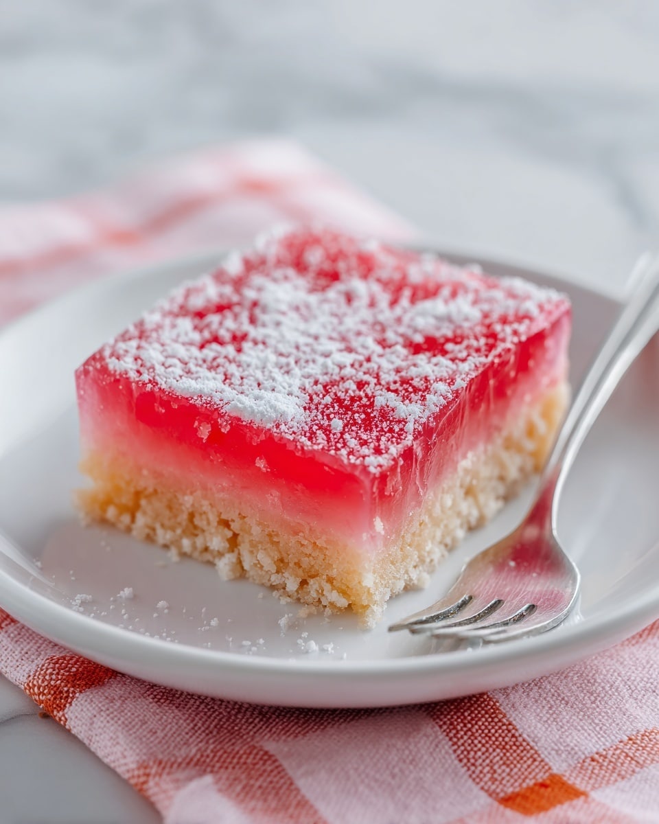 A close-up image of a square dessert on a white plate with a pink, orange, and white checkered pattern. The dessert has two layers: a bottom pale beige crust that looks soft and slightly crumbly, and a top thick glossy pink layer that appears smooth and jelly-like. Both layers are dusted with a fine white powder, likely powdered sugar. A silver fork is placed next to the dessert on the right side, partially under it. The background features a soft focus white marbled texture. Photo taken with an iphone --ar 4:5 --v 7