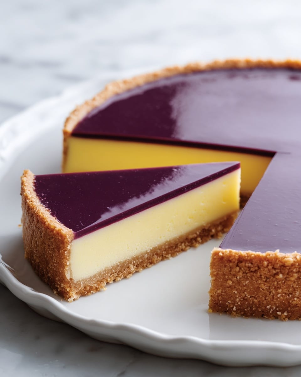 This image shows a sliced tart on a white pie dish with a wavy edge. The tart has three layers: the bottom crust is golden brown and crumbly, the middle layer is bright yellow and smooth, and the top layer is a dark purple, glossy and firm. One slice is removed from the tart, revealing the clear separation between the layers. The dish is placed on a white marbled surface with a soft and clean look. photo taken with an iphone --ar 4:5 --v 7