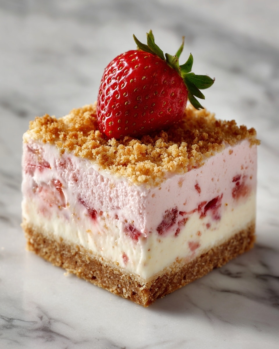 The dessert is a square slice with three layers on a white marbled surface. The bottom layer is a thick, crumbly light brown crust with a coarse texture, while the middle layer is a thick, creamy pale pink filling that has small bits of red strawberry mixed in. The top layer is a generous sprinkle of crumbly, golden brown bits, adding a crunchy texture. A fresh, bright red strawberry with a green stem sits on top, slightly leaning to the side. photo taken with an iphone --ar 4:5 --v 7