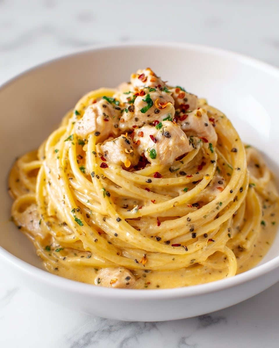 A white bowl filled with creamy spaghetti pasta layered with a smooth, light beige sauce mixed with chunks of tender, white chicken pieces. The pasta strands are twisted neatly, coated evenly with sauce, with scattered small red chili flakes and black pepper specks adding texture. Garnished on top with chopped green herbs that bring a fresh contrast to the creamy sauce and pasta, all sitting on a white marbled surface. Photo taken with an iphone --ar 4:5 --v 7