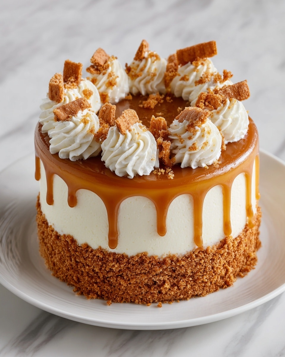 A round cake with three clear layers: the bottom layer is a crumbly light brown crust, the middle layer is smooth white cream, and the top layer is a shiny caramel glaze dripping down the sides. On top, there are swirls of white whipped cream around the edge, each topped with small square chunks of crunchy caramel pieces. The cake is placed on a white plate on a surface with a white marbled texture. Photo taken with an iphone --ar 4:5 --v 7