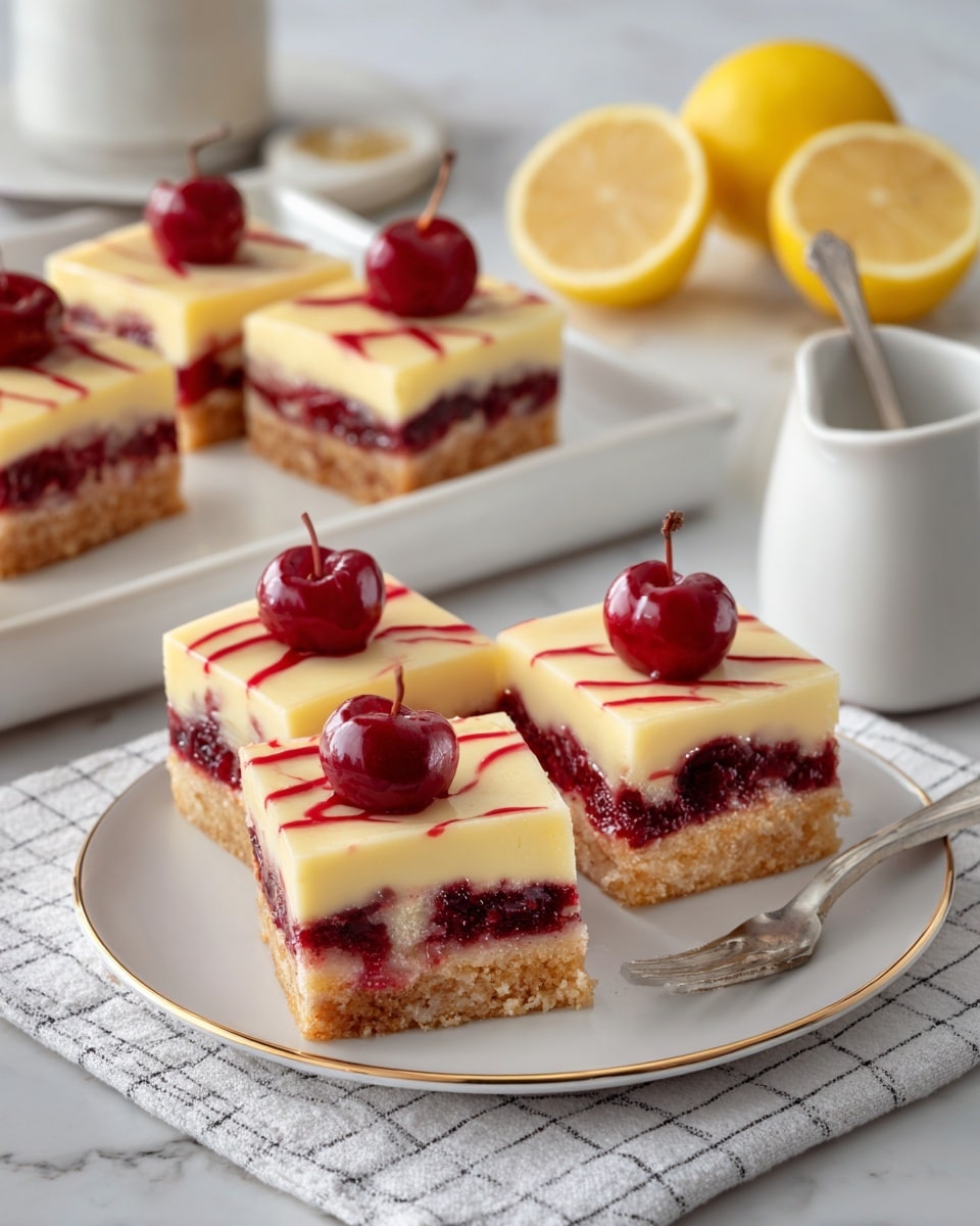 The image shows four square dessert bars on a white plate with a thin gold rim. Each bar has three visible layers: a light golden-brown crust at the bottom, a deep red fruit filling in the middle, and a creamy, slightly glossy pale yellow top layer. Each square is decorated with four thin red lines crossing in the middle, with a small red cherry or berry placed at the intersections. In the background, more bars are arranged on a white plate with two scattered cherries and a half lemon nearby on a white marbled surface. To the left, there is a small white jug with a spoon inside, placed on a white and black checkered cloth. Photo taken with an iphone --ar 4:5 --v 7