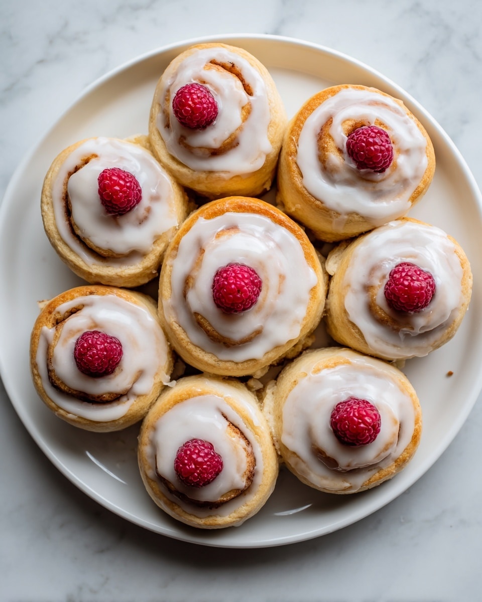 A white plate on a white marbled surface holds eight cinnamon rolls arranged in a circle with one in the middle. Each cinnamon roll has a golden-brown spiral base visible under a smooth layer of white icing that is slightly glossy. On top of each roll, there is a single bright red raspberry placed in the center, adding a pop of color. The cinnamon rolls look soft and fresh with a slightly shiny glaze. Photo taken with an iphone --ar 4:5 --v 7