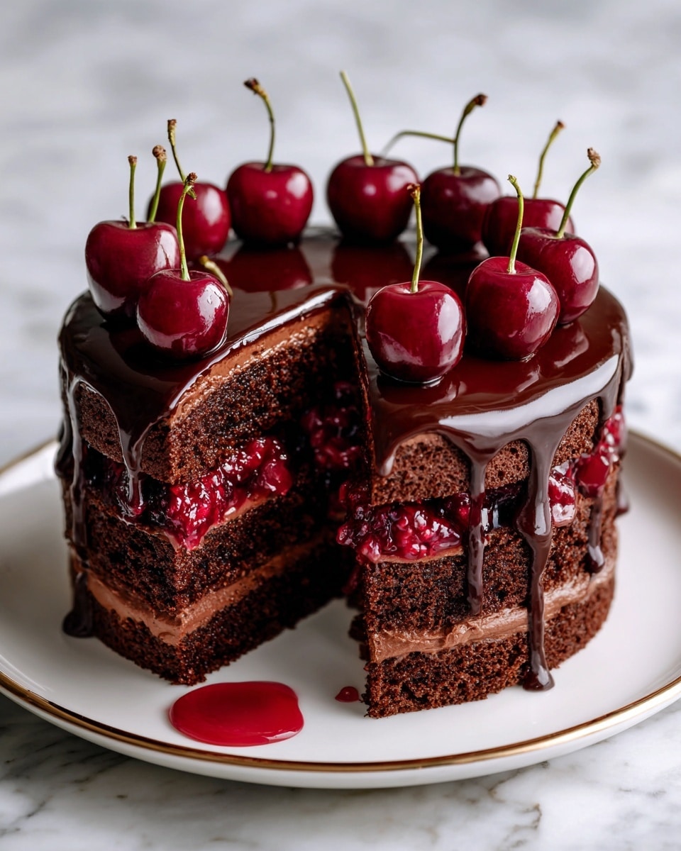 A two-layer chocolate cake with a thick middle filling of bright red cherry jam, each layer of cake is dark brown and moist. The outside is covered in smooth, shiny dark chocolate glaze that drips down the sides. On top, there is a circle of glossy, whole cherries with stems, evenly spaced around the edge. The cake sits on a white plate with a thin gold rim, placed on a white marbled surface, and there is a small red cherry sauce drip in front of the cake where a slice has been removed. Photo taken with an iphone --ar 4:5 --v 7