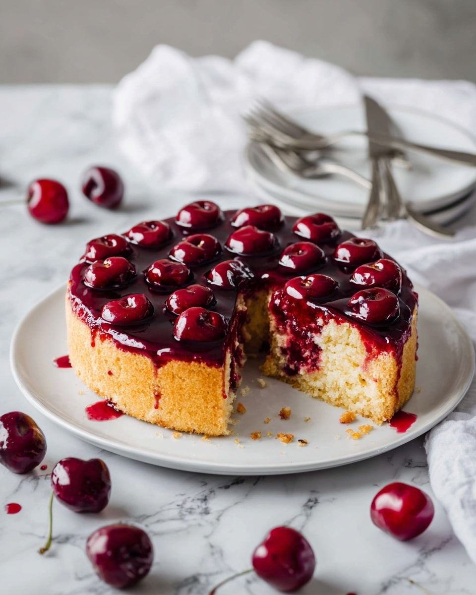 A round upside-down cherry cake with one slice cut out sits on a white plate, showing three layers: a light brown crumbly bottom layer, a glossy dark red cherry topping layer with whole shiny cherries embedded, some slightly orange in color, spread evenly on top. Crumbs are scattered near the cut slice. The plate and cake rest on a white marbled surface, surrounded by loose cherries, a white cloth napkin, and two black forks positioned to the right side. Photo taken with an iphone --ar 4:5 --v 7