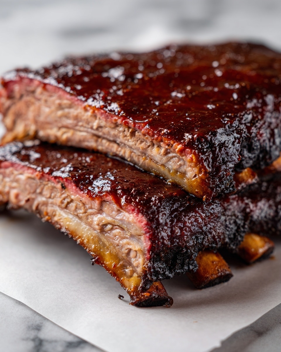 A stack of two layers of glazed ribs sits on white paper on a white plate, with the bottom layer showing eight ribs with charred ends and a thick, shiny dark reddish-brown sauce covering the meat. The top layer is slightly smaller with a piece cut off, revealing the tender, light brown inside of the meat under the glossy sauce. The ribs have a dark, slightly crispy surface and the bones are visible, clean, and light yellow with some burnt tips. The scene is set on a white marbled texture. photo taken with an iphone --ar 4:5 --v 7