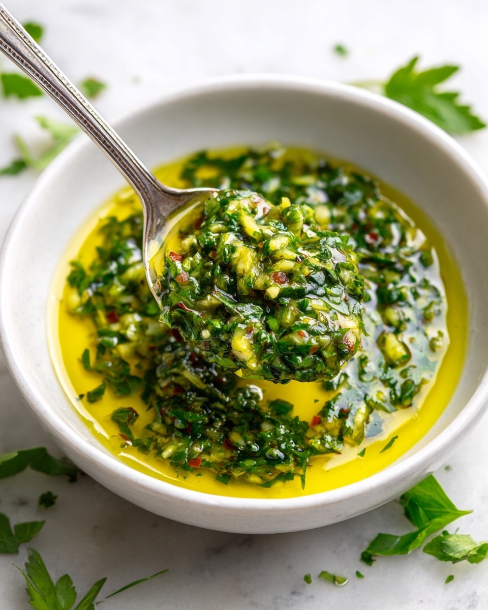 A close-up of a bowl of green chimichurri sauce with visible chopped herbs, red chili flakes, and small white onion pieces floating in golden olive oil, creating a vibrant mix of green, red, white, and yellow colors. The sauce has a chunky texture with herbs spread evenly, and a shiny metal spoon lifts some of the sauce, showing its thick consistency. The white bowl rests on a white marbled surface, with blurred green herbs in the background and scattered cilantro leaves around the bowl. Photo taken with an iphone --ar 4:5 --v 7