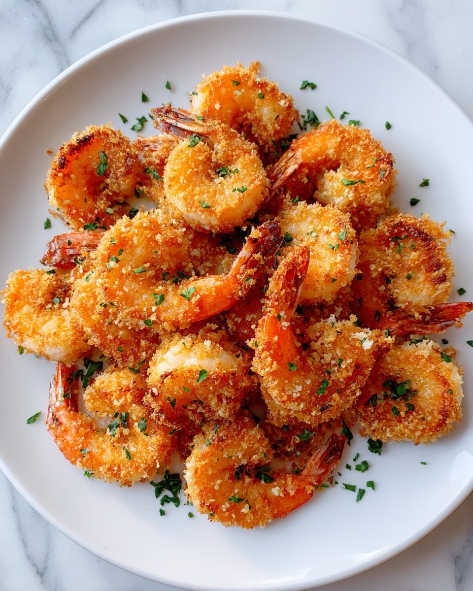 A white plate filled with one layer of golden brown fried shrimp, each shrimp showing a crunchy textured coating with visible crunch crumbs. The shrimp are curled, showing orange and white colors through the crispy shell, with small green cilantro leaves scattered on top for color contrast. The plate sits on a white marbled surface, enhancing the warm tones of the shrimp. photo taken with an iphone --ar 4:5 --v 7