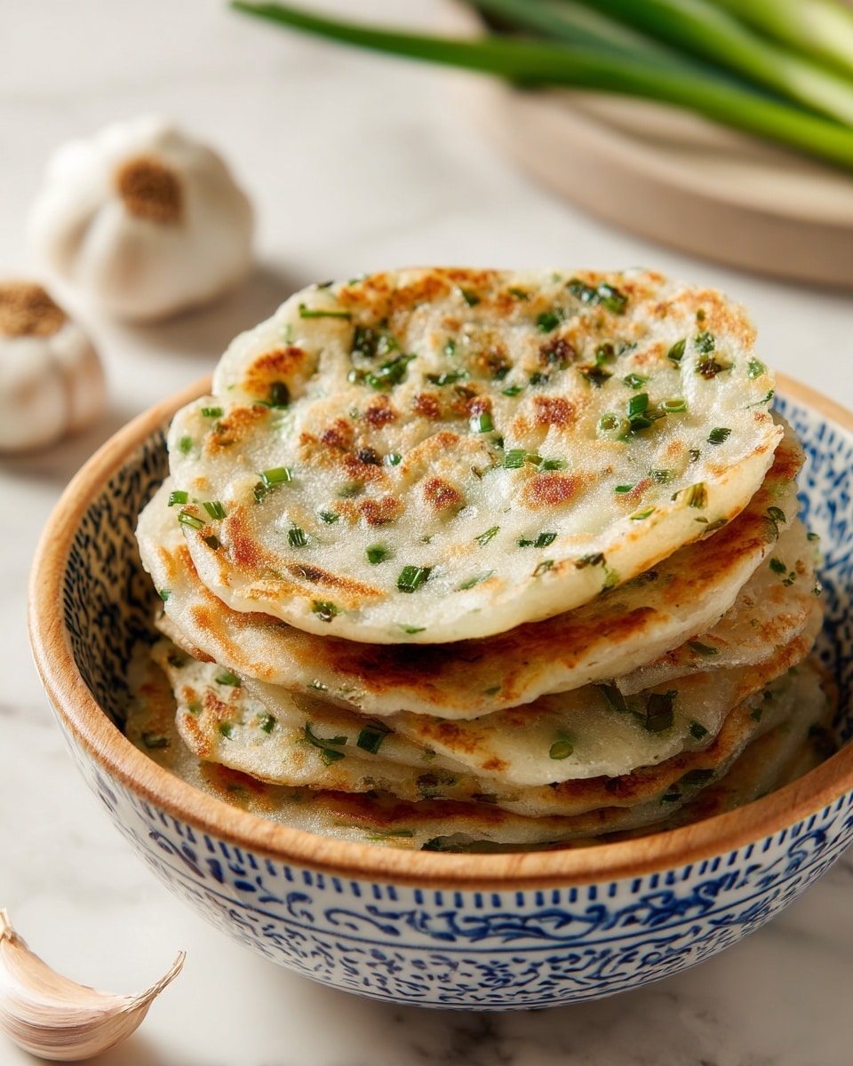 A stack of five green onion pancakes is shown, each pancake round and golden brown with crispy edges and green onion pieces visible in the batter. The top pancake has small bright green chopped onions scattered on it. The pancakes are placed neatly in a round wooden tray holding a white plate with a detailed blue pattern. The background shows a white marbled surface with blurred garlic and green onions. photo taken with an iphone --ar 4:5 --v 7