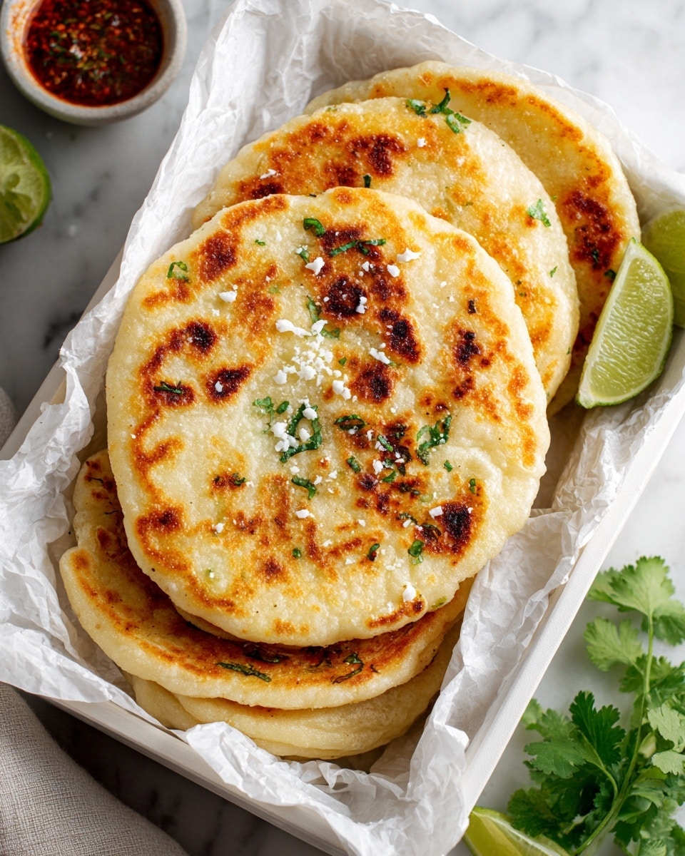 Four round, golden flatbreads with dark brown spots are stacked in a white rectangular dish lined with white parchment paper. The top flatbread is sprinkled with white shredded coconut and small green cilantro leaves. In the top right corner of the dish, several lime wedges and a sprig of cilantro add freshness to the scene. The background shows a small bowl with red chili flakes, all sitting on a white marbled surface. Photo taken with an iphone --ar 4:5 --v 7