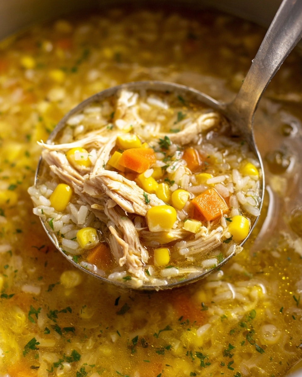 A close-up of a ladle holding hot chicken and rice soup with visible layers of shredded light brown chicken pieces on top, mixed with small chunks of orange carrots, yellow corn, white rice grains, and green herbs all in a clear golden broth, with more soup in the background inside a dark pot, all set on a white marbled texture. Photo taken with an iphone --ar 4:5 --v 7