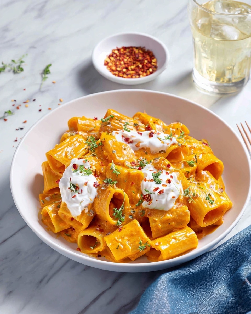 A grey bowl filled with a thick layer of rigatoni pasta coated in a creamy orange sauce, piled in a slightly uneven mound. On top, there is a generous dollop of white creamy cheese, sprinkled with small green herb pieces and tiny red chili flakes. The bowl is placed on a white marbled surface with a folded blue cloth to the side and a small white dish of red chili flakes and a glass of white wine partially visible in the background. photo taken with an iphone --ar 4:5 --v 7